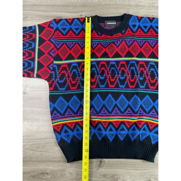VTG 90s Edelweiss Ski Sweater Pullover Multicolor Abstract Geometric Knit Crew L - Picture 7 of 11